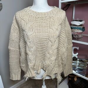 She + Sky Distressed Cable Knit Sweater